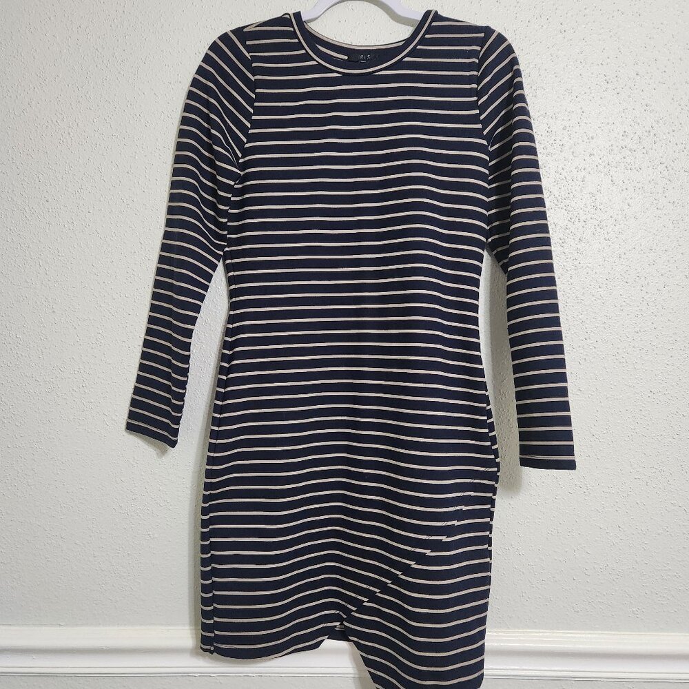 Iris Women's Size XL Navy/Tan Long Sleeve Bodycon stretch side zip Dress